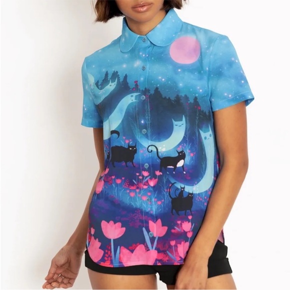 Blackmilk - “Kitty Parade Cute as a Button” shirt - ghost cats - Picture 2 of 10